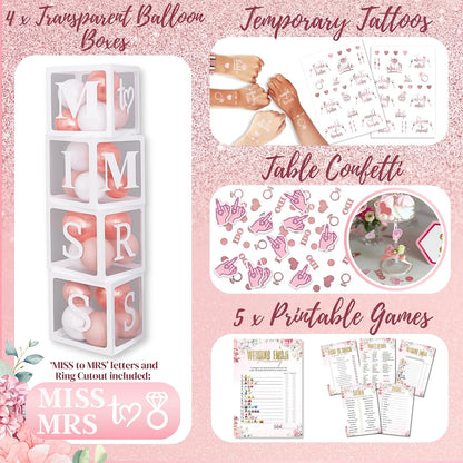 189 Pc Rose Gold Bridal Shower Decorations Kit – Bachelorette Party Set | Oxford-cloth backdrop, balloon arch, Bride-to-Be sash/veil/tiara, 12 photo props, foil balloons + printable games