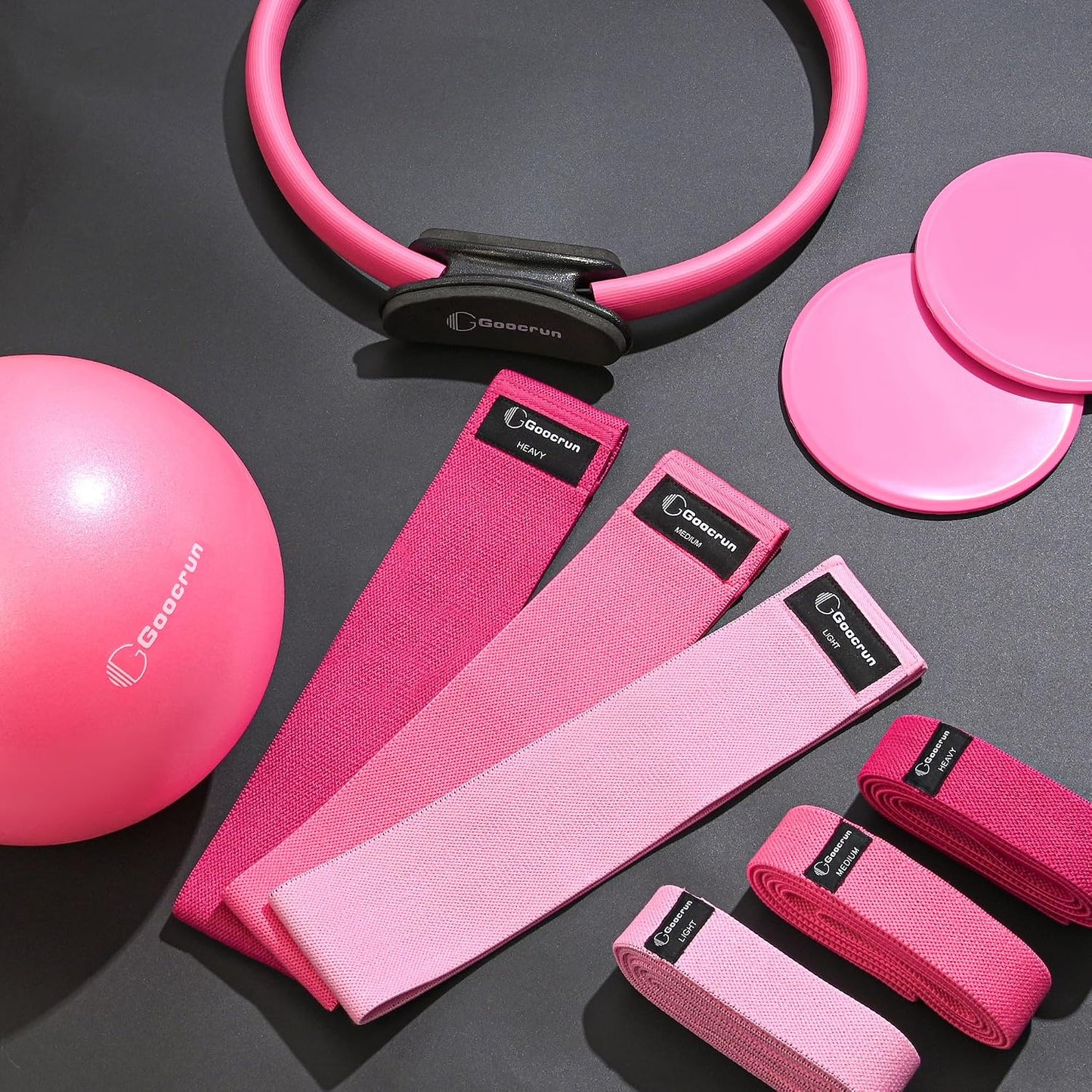 Goocrun Pilates Ring Set Exercise Equipment, with Exercise Resistance Bands Set, Pilates Ball, Sliding Disks. Portable Home Gym - with Fitness Guide Poster