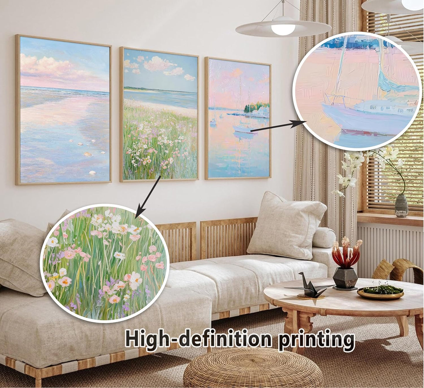 3Pcs Pink Beach Wall Art Pastel Coastal Canvas Wall Decor White sailboat Pictures Preppy Summer Beachy Posters Ocean Wildflowers Painting Print Artwork for Beach House Bedroom Dorm Apartment,Unframed