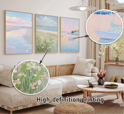 3Pcs Pink Beach Wall Art Pastel Coastal Canvas Wall Decor White sailboat Pictures Preppy Summer Beachy Posters Ocean Wildflowers Painting Print Artwork for Beach House Bedroom Dorm Apartment,Unframed