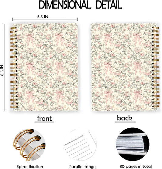 Coquette Pink Bow Spiral Notebook, Vintage Chinoiserie Floral Notebooks for Note Taking, Trendy Preppy Journals for Writing, Girly Aesthetic Journal Journaling, 5.5x8.3 Inch