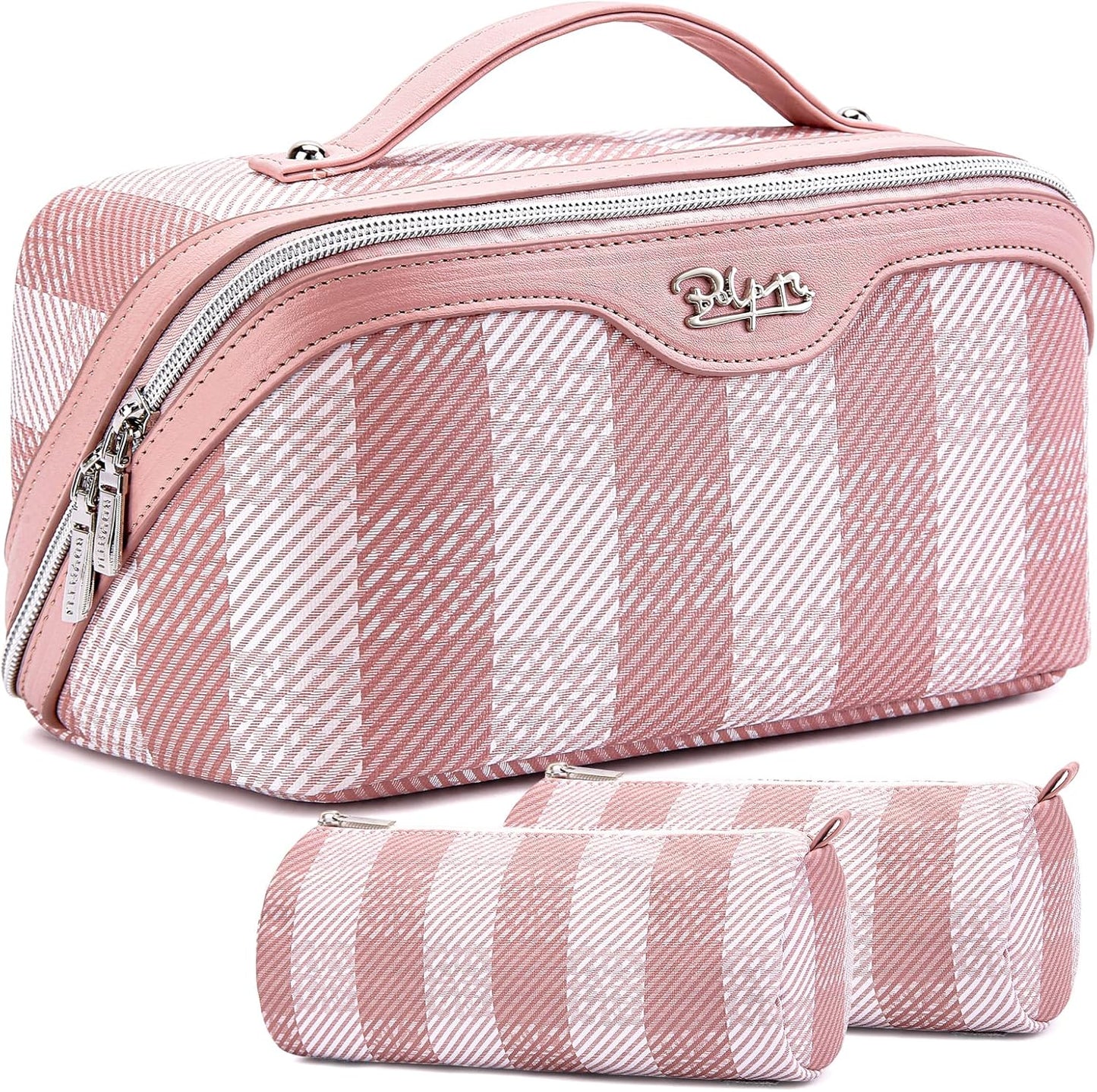 BOYATU Travel Makeup Bag Organizer Cosmetic Bag: 3 Pcs Set Make up Bags for Women with Handle - Waterproof Vegan Leather Toiletry Bags Travel Essentials Pouch with Compartments (F-03-Pink)