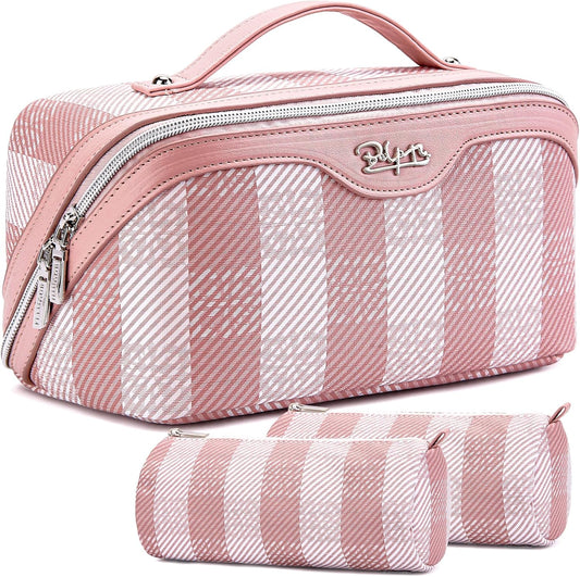 BOYATU Travel Makeup Bag Organizer Cosmetic Bag: 3 Pcs Set Make up Bags for Women with Handle - Waterproof Vegan Leather Toiletry Bags Travel Essentials Pouch with Compartments (F-03-Pink)