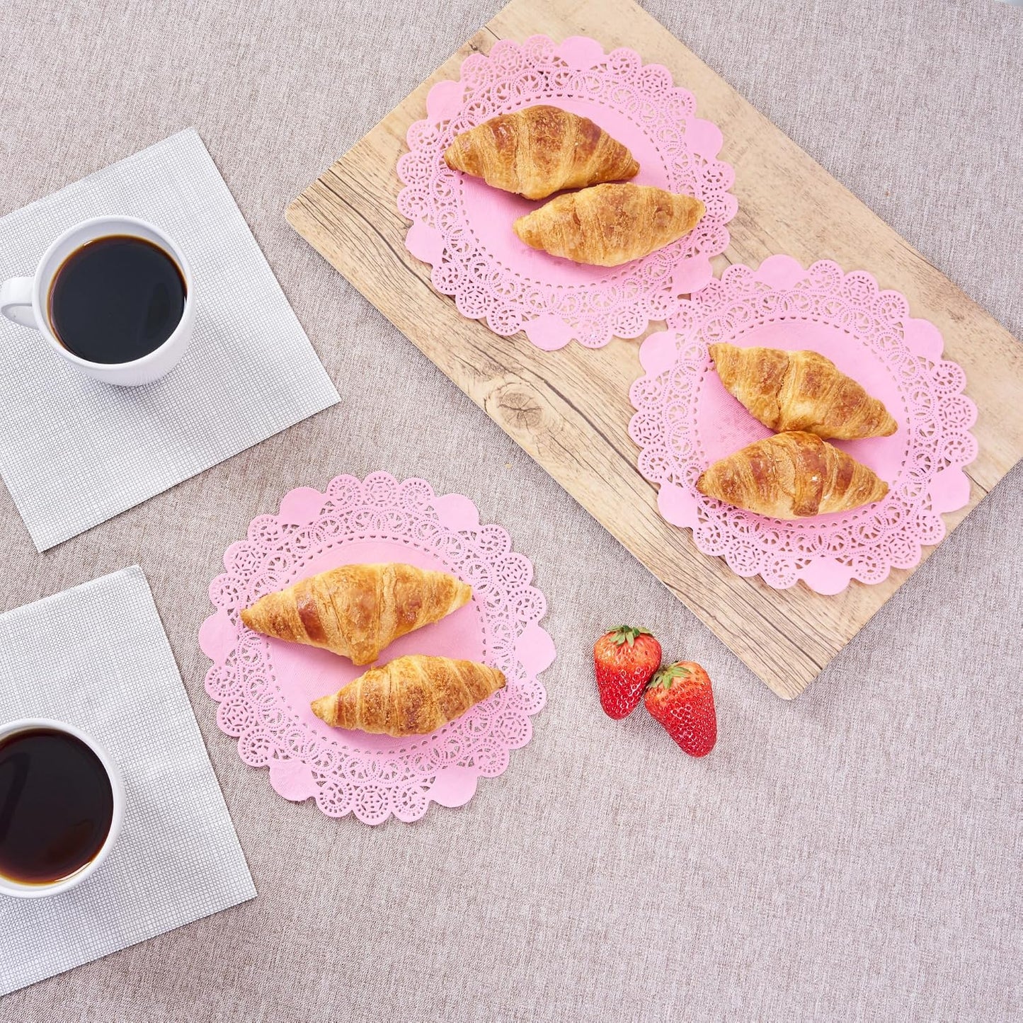 Pastry Tek 8 x 8 Inch Paper Lace Doilies, 100 Disposable Table Doilies - Elegant Lace Finish, Long Lasting, Pink Paper Doily, for Pastries, Cupcakes, Desserts - Restaurantware