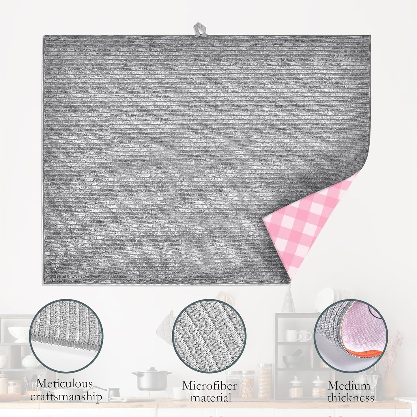 Pink White Checkered Dish Drying Mats 18x24 Inch, Dish Pad Drying Rack Mat for Kitchen Counter Ultra Absorbent Microfiber Dishware Coffee Maker Bar Countertop Decor