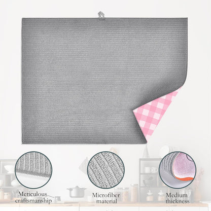 Pink White Checkered Dish Drying Mats 18x24 Inch, Dish Pad Drying Rack Mat for Kitchen Counter Ultra Absorbent Microfiber Dishware Coffee Maker Bar Countertop Decor