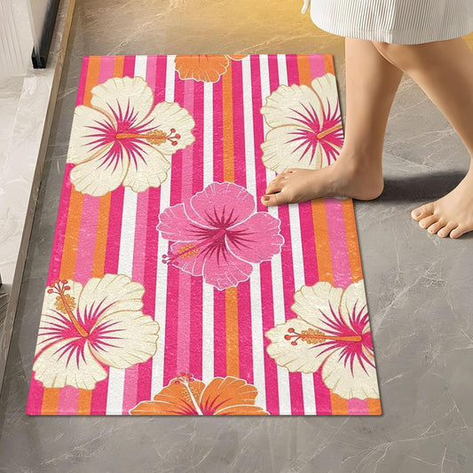 Burbuja Hibiscus Pink Stripes Bath Mat Rug, Extra Soft Absorbent Bathroom Rug with Non-Slip Backing for Bathroom Floor Tub Shower, 16x24 in