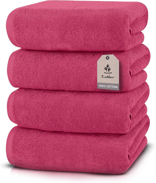 EcoNour Luxury 4-Pack Pink Turkish Cotton Bath Towels, 550 GSM 100% Cotton – 27x54 Inch, Ultra Soft, Quick Dry & Highly Absorbent for Bathroom, Gym & Travel