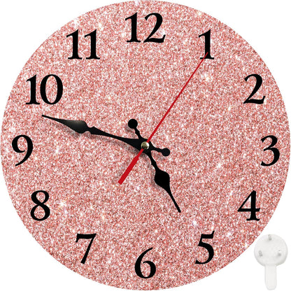 Britimes Round Wall Clock Silent Non-Ticking Battery Operated Clock 12 Inch, Rose Gold Pink Glitter Home Decor for Living Room, Bathroom, Bedroom, Kitchen, Office and School