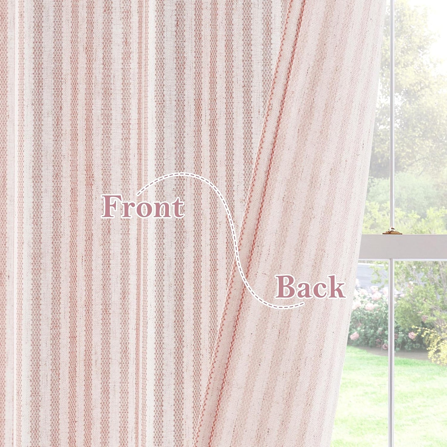 RYB HOME Cafe Striped Curtains for Kitchen Bathroom Small Window, Linen Pinstripe Drapes Valance 36 inch Length for Living Room Short Tier Boho Rustic Farmhouse, Pink, W26 x L36, 2 Panels