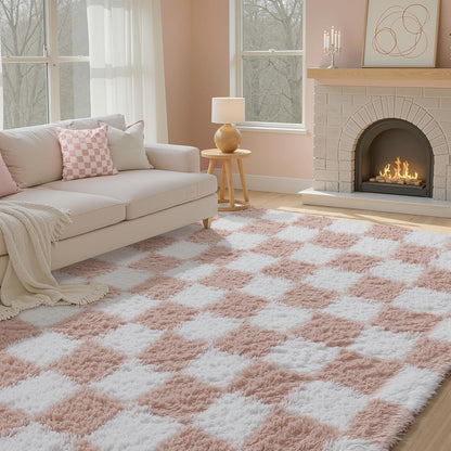 PureCozy Checkered Rug 5x8 for Living Room, Pink and White Modern Shag Rugs Super Soft Washable Indoor Office Fuzzy Carpet Non-Slip Fluffy Rugs for Bedroom Home Aesthetic Decor