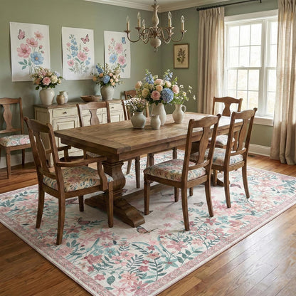 4x6 Area Rug Pink Pastel, Floral Rugs for Living Room, Lightweight Non Slip Washable Rug, Indoor Low Pile Boho Design Rugs for Bedroom Living Room Dining Room Pink Pastel