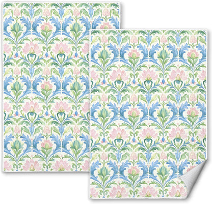 Pink and Green Blue Grandmillennial Floral Kitchen Towels, Pastel Grand Millenial Flower Decorative Dish Tea Hand Towels for Kitchen Bathroom, 16x24 Inches Set of 2