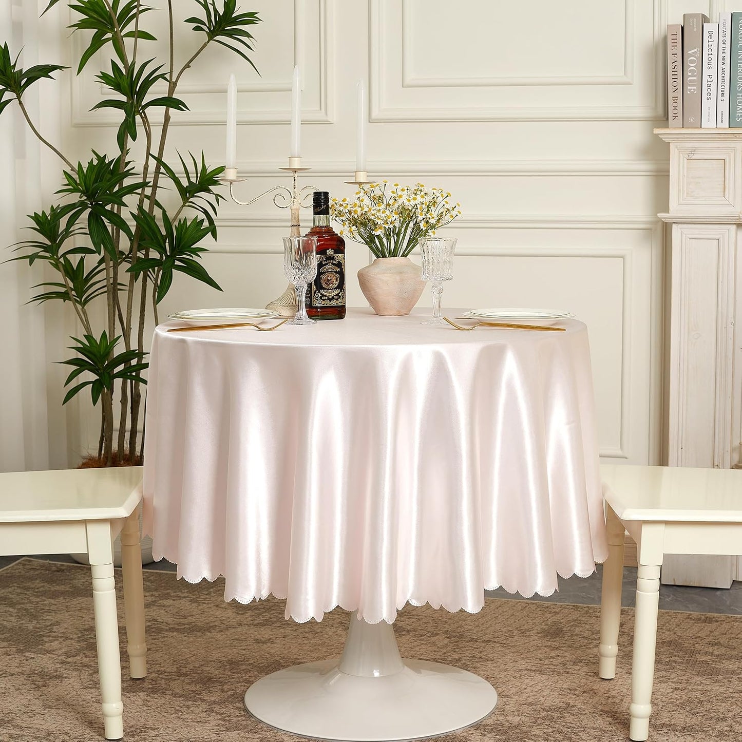 1 Pack 60 Inch Blush Pink Round Tablecloth, Silky Satin Tablecloth Overlay Smooth Fabric Table Cover, Table Decoration for Wedding Party Banquet Events