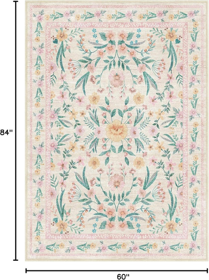 5x7 Pink Floral Nursery Rug,Pink Rugs for Bedroom Girls,Machine Washable Non Slip Soft Faux Wool Carpet,Cute Boho Indoor Area Rugs for Kids Room or Playroom