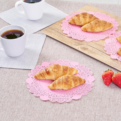 Pastry Tek 8 x 8 Inch Paper Lace Doilies, 100 Disposable Table Doilies - Elegant Lace Finish, Long Lasting, Pink Paper Doily, for Pastries, Cupcakes, Desserts - Restaurantware