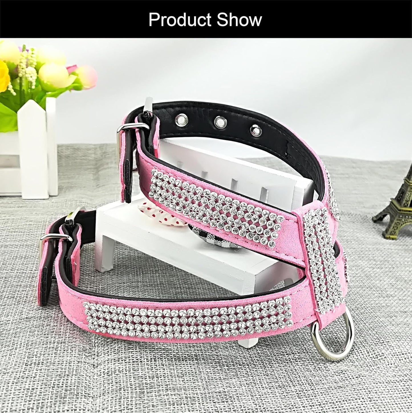Fashion Puppy Harness with Diamantes and Lead Cute Girl Bling Dog Harness with Bling Leash for Small Dogs - Pink - M