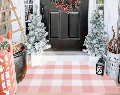 Pink and White Front Door Mat 24''X35'' Buffalo Plaid Checked Front Porch Rug Cotton Woven Washable Rug Layering Doormat for Welcome Door Mat Entryway Dining Room Bedroom Living Room