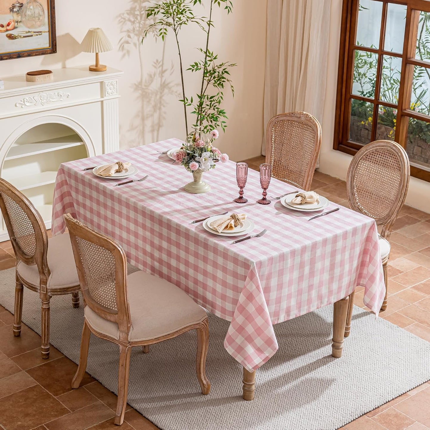 Gingham Tablecloth Rectangle Table, Cotton Linen Fabric Picnic Checkered Table Cloth Farmhouse Washable Wrinkle Free Buffalo Plaid Table Cover for Outdoor Birthday Party, Pink, 60x75