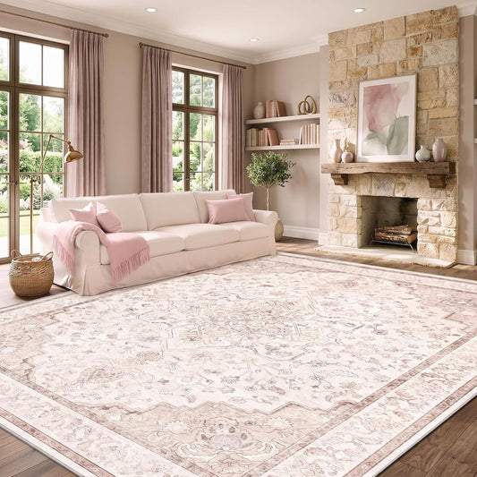 Marsail 8x10 Area Rugs,Rugs for Living Room,Bedroom,Machine Washable Area Rugs,Vintage Rug with Floral,Soft&Slip-Resistant Large Area Rug with Reinforced Bound Edges,Pink Rug