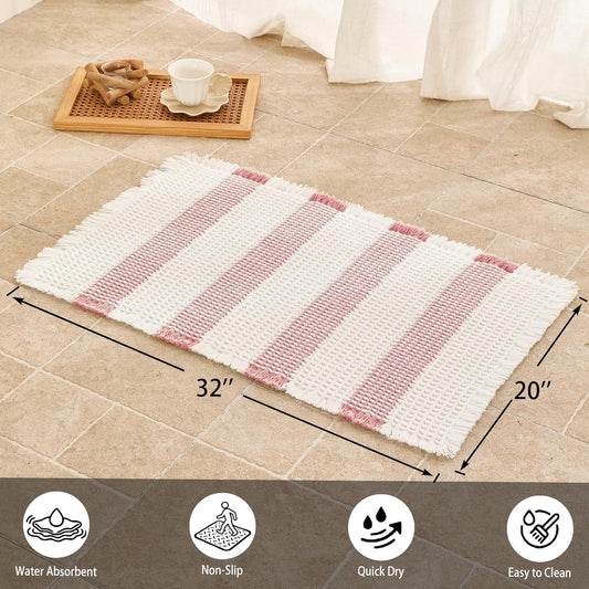 Waffle Bath Mat Non Slip, Boho Bathroom Rug, Super Absorbent Quick Dry Bathroom Mat, Soft Farmhouse Bath Rug with Tassels, Small Washable Shower Mats for Floor 20"x32", White and Pink