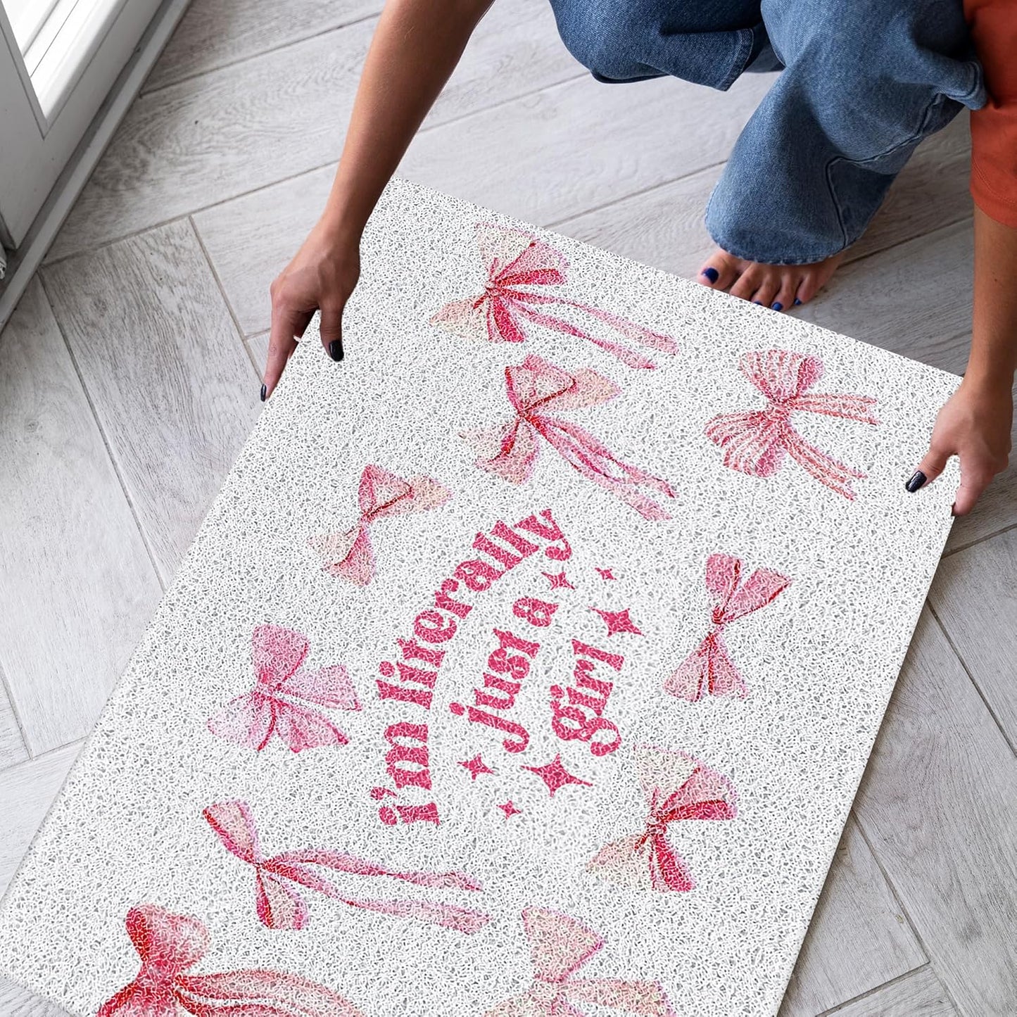 SNNDER Pink Coquette Bow Door Mat, I'm Literally Just a Girl Coquette Preppy Pink Doormat for Front Door Porch Indoor Outdoor Outside Entrance, Bow Bath Mats for Bathroom, 17x30 Inch