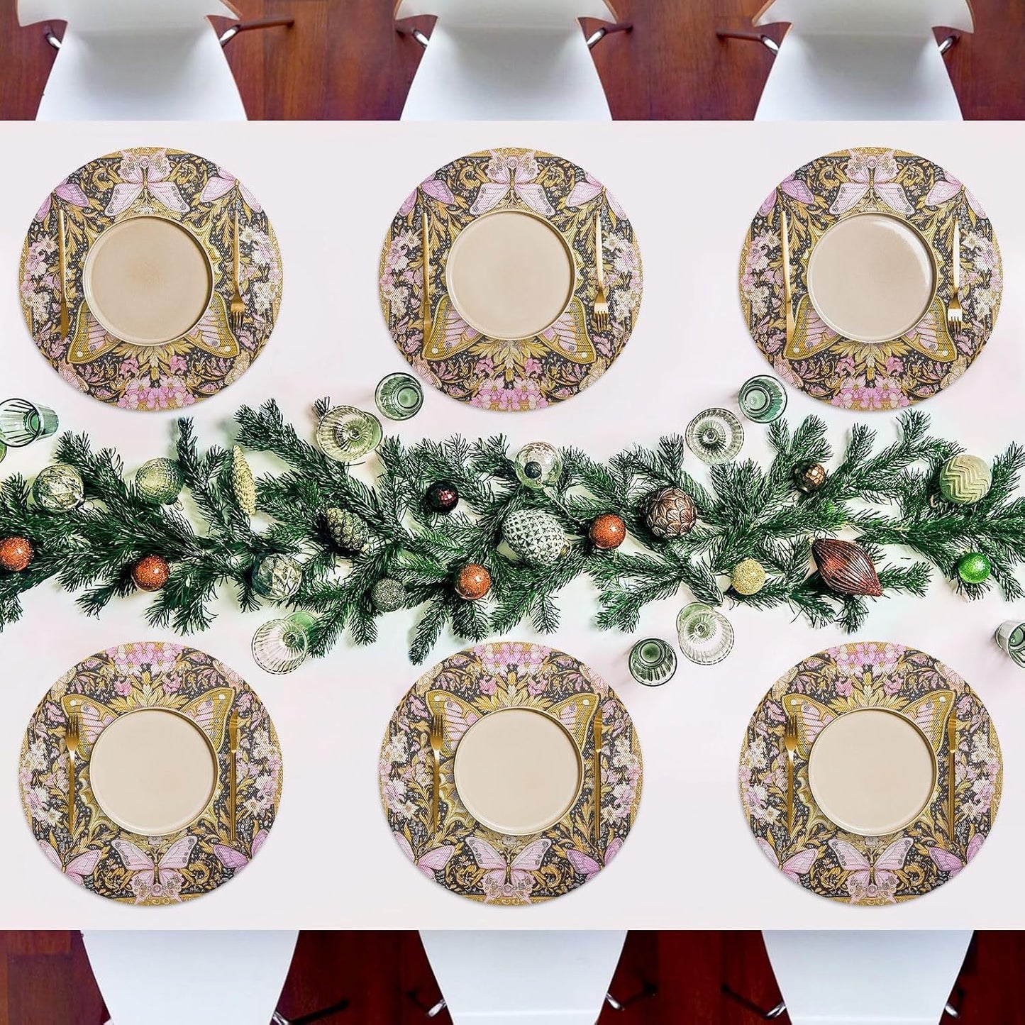 Retro Butterflies Pattern Gold and Peach Round placemates Reversible Quilted placemat Washable Plastic placemats placemats for Dining Table Waterproof placemat Place Settings for 6 for