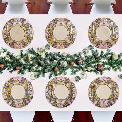 Retro Butterflies Pattern Gold and Peach Round placemates Reversible Quilted placemat Washable Plastic placemats placemats for Dining Table Waterproof placemat Place Settings for 6 for