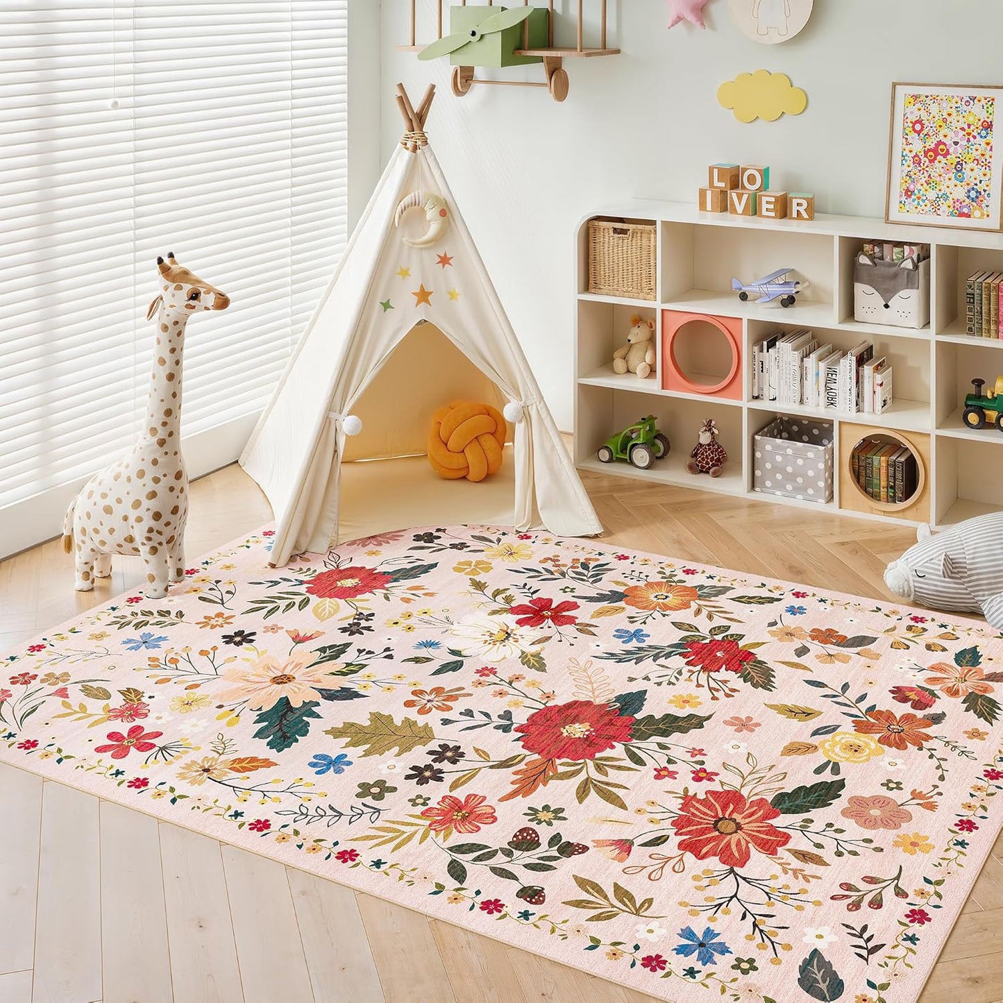 5x7 Washable Rug for Living Room, Pink Floral Area Rug, Non Slip Low Pile Soft Flower Carpet, Large Rugs for Bedroom, Dining Room, Office, Kids Playroom, Nursery, Pink/Beige