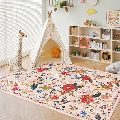 5x7 Washable Rug for Living Room, Pink Floral Area Rug, Non Slip Low Pile Soft Flower Carpet, Large Rugs for Bedroom, Dining Room, Office, Kids Playroom, Nursery, Pink/Beige