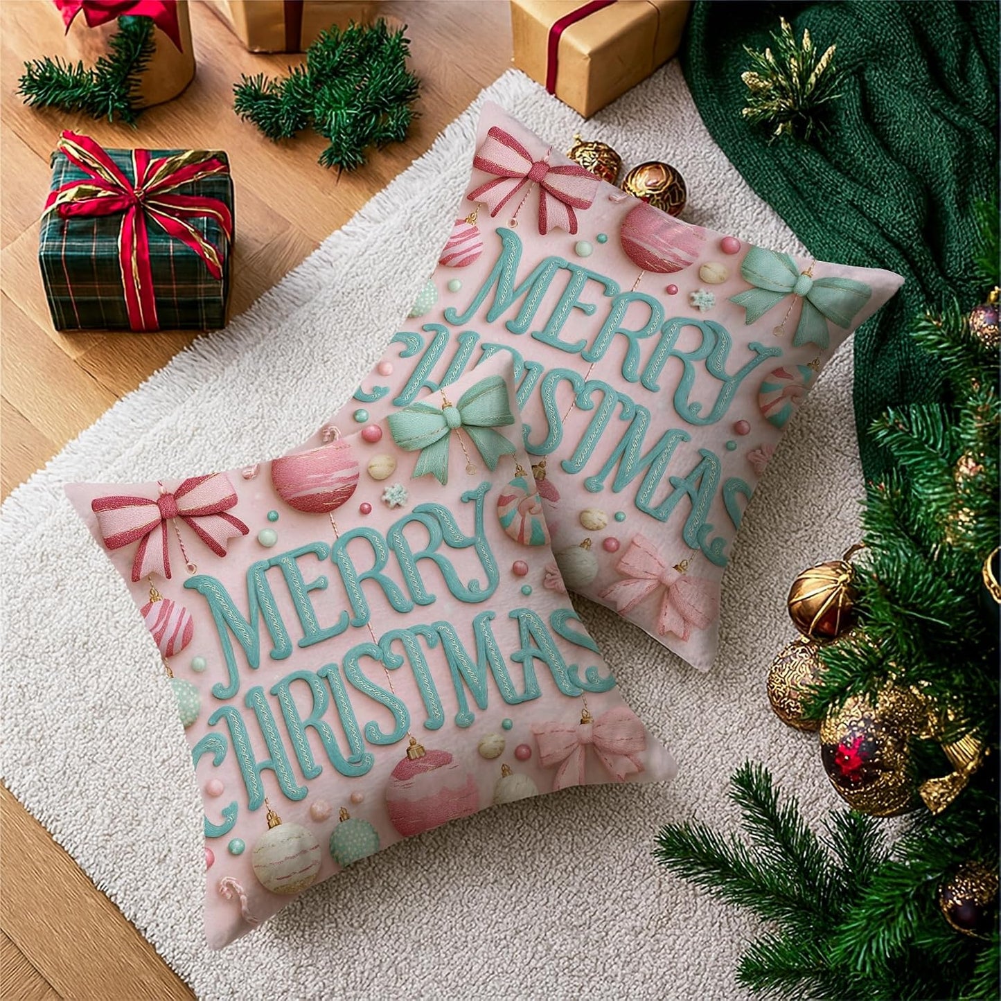 Christmas Throw Pillow Covers Set of 2, Peach Holiday Ornament Decorative Cushion Cases, Festive Farmhouse Decor for Home Sofa Bed Couch 20x20 Inch