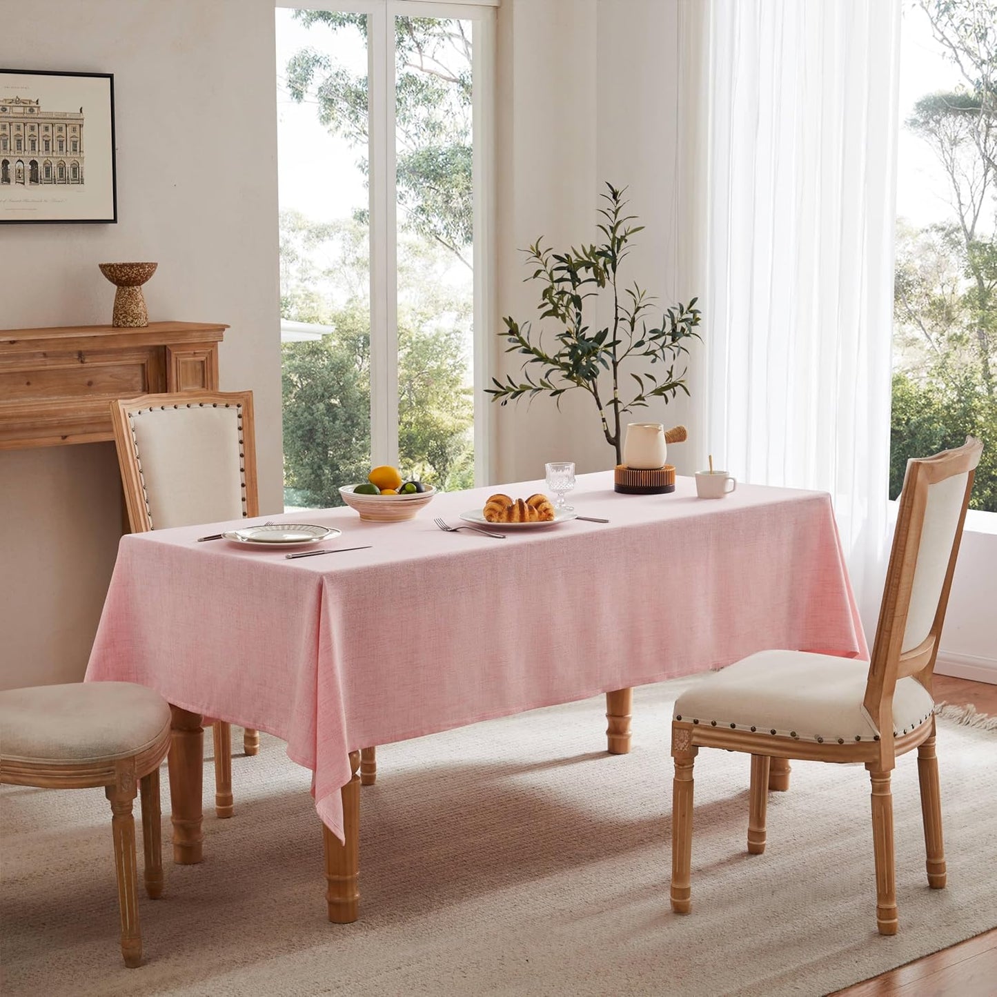 Farmhouse Linen Rectangular Tablecloth, Pink 60x120 Inch | Sleek Draping Style, Cotton Blend, Water Resistant Dining Tablecloths, Washable Stain-Resistant, Easy Care Table Cover