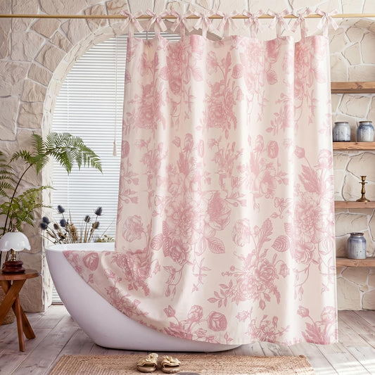 Floral Linen Shower Curtain 72 x 72 Inch Vintage Print Toile Bathroom Curtain with Tie-top Bow for Farmhouse Cottagecore French Country Bathtub and Bathroom Decor(Pink)