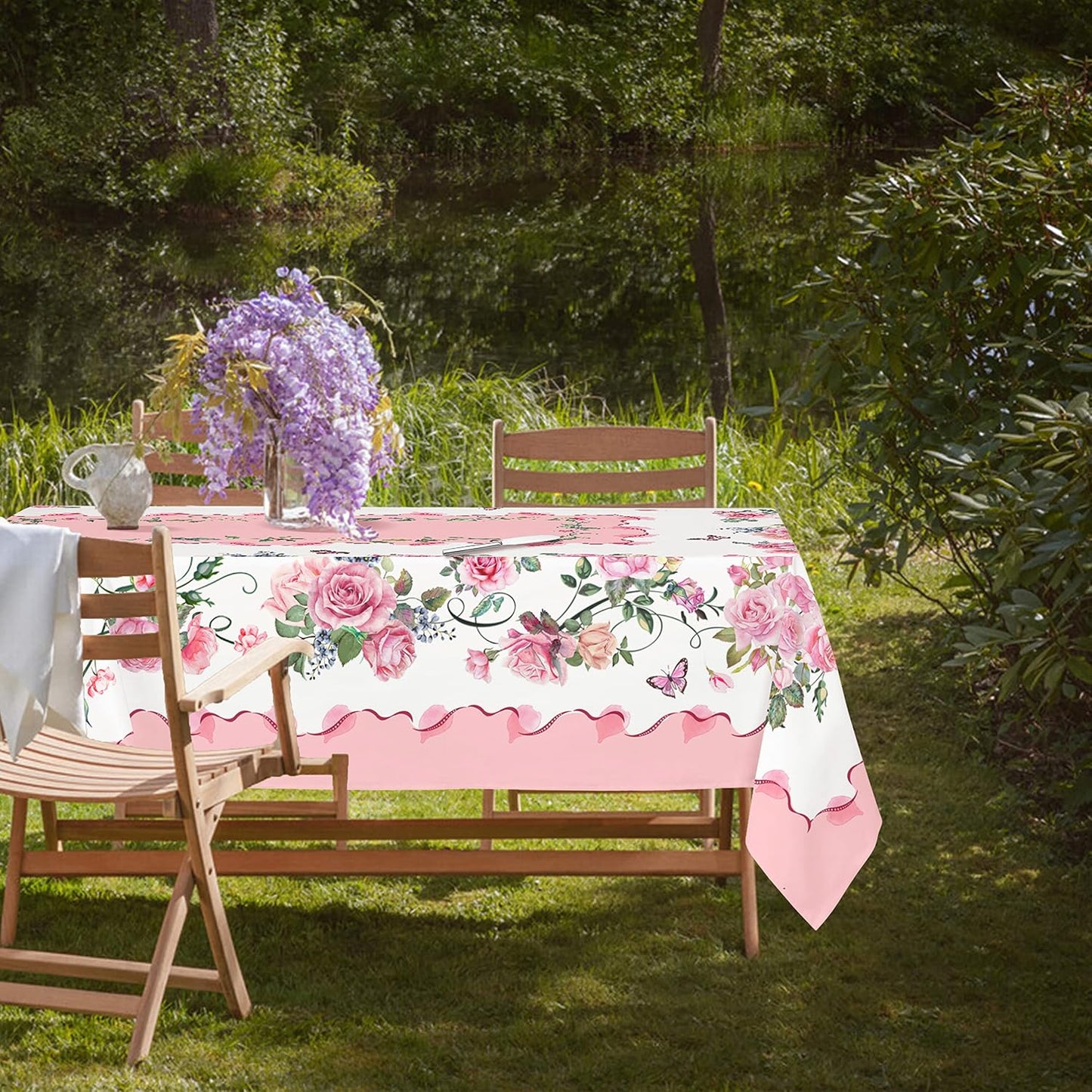 Yighty Pink Rectangle Tablecloth, Rose Flower Printed, Waterproof Floral 60x84inch, Suitable for Indoor and Outdoor, Holiday Kitchen Restaurant and Party