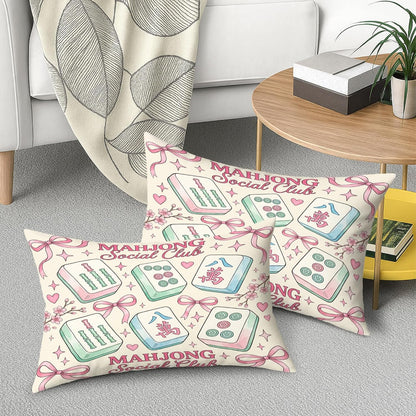 Mahjong Tiles Throw Pillow Covers Set of 2, Playful Fanciful Hearts Bows Casual Pastel Peach with Hidden Zipper Cover Decorative Pillows for Living Room Apartment Bed Sofa Decor 20x12 Inch