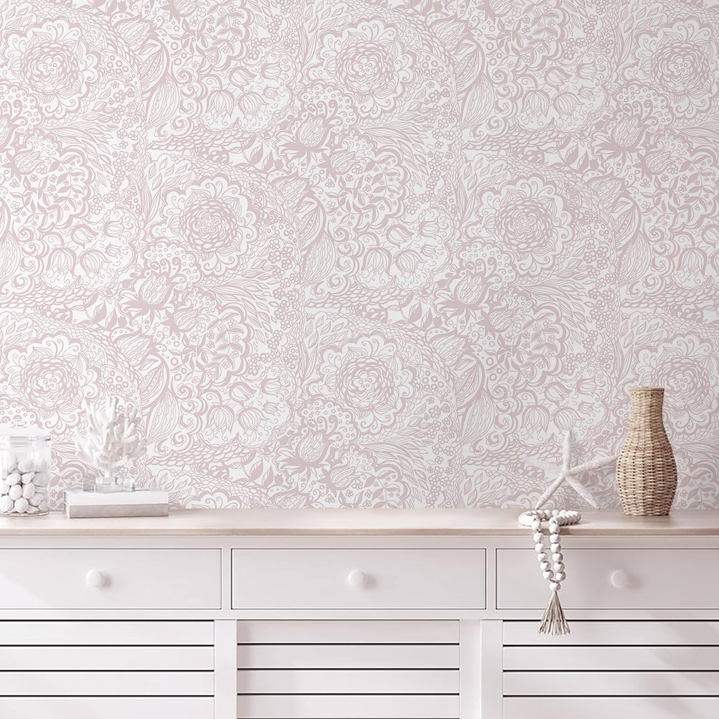 Peel and Stick Wallpaper Pink Boho Wall Paper Pink and White Floral Wallpaper for Bedroom Bathroom Removable Self-adhsive Contact Paper for Cabinets Nursery Vnyl Shelf Liner 17.3" x 118"