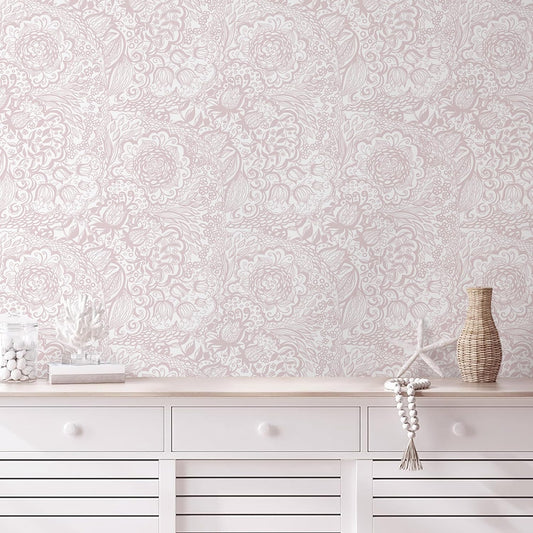 Peel and Stick Wallpaper Pink Boho Wall Paper Pink and White Floral Wallpaper for Bedroom Bathroom Removable Self-adhsive Contact Paper for Cabinets Nursery Vnyl Shelf Liner 17.3" x 118"