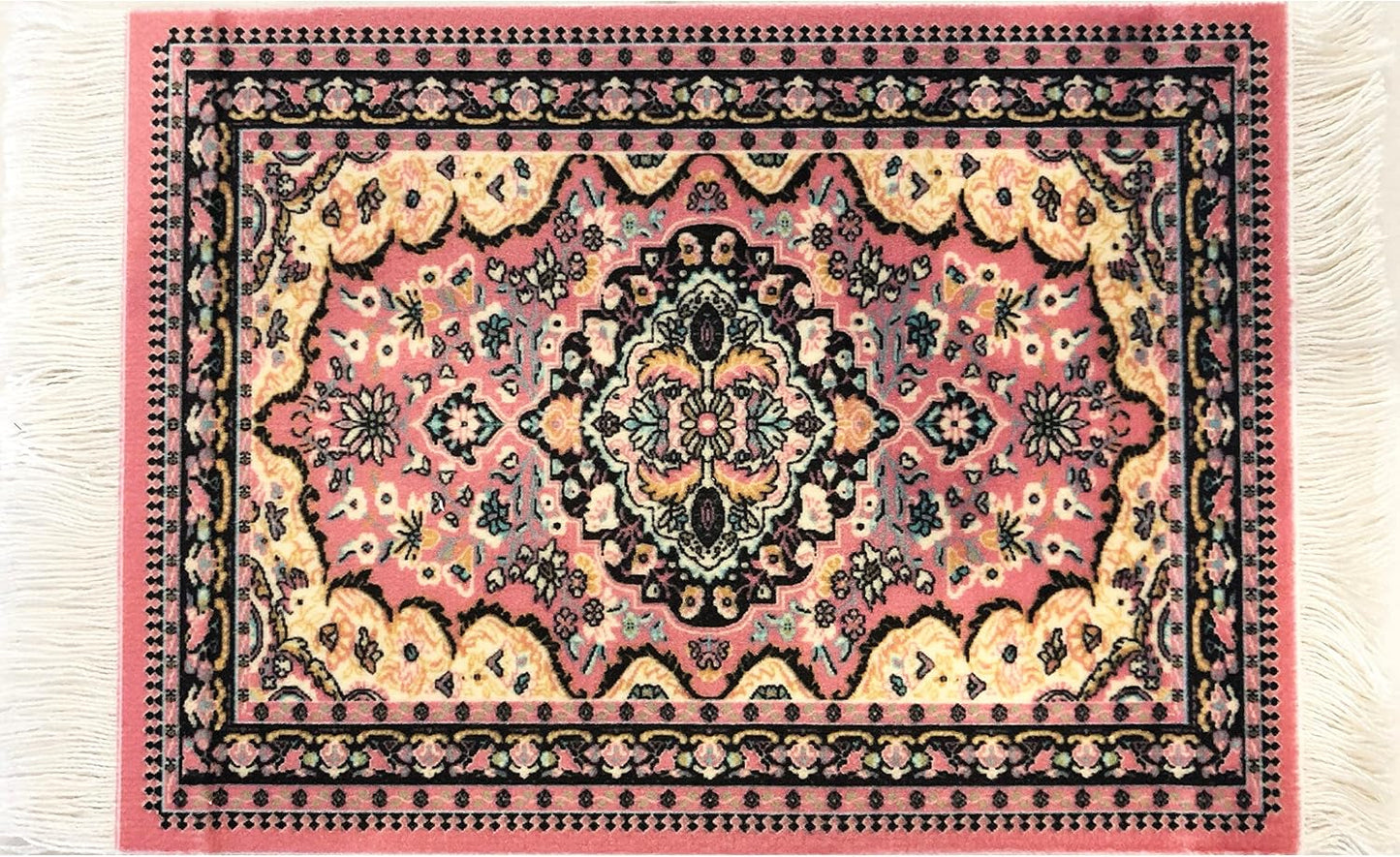 Set of 4 Carpet-Style Coasters – Pink Oriental Rug Design Drink mats with Fringe, Absorbent and Non-Slip for Coffee, Tea, Wine