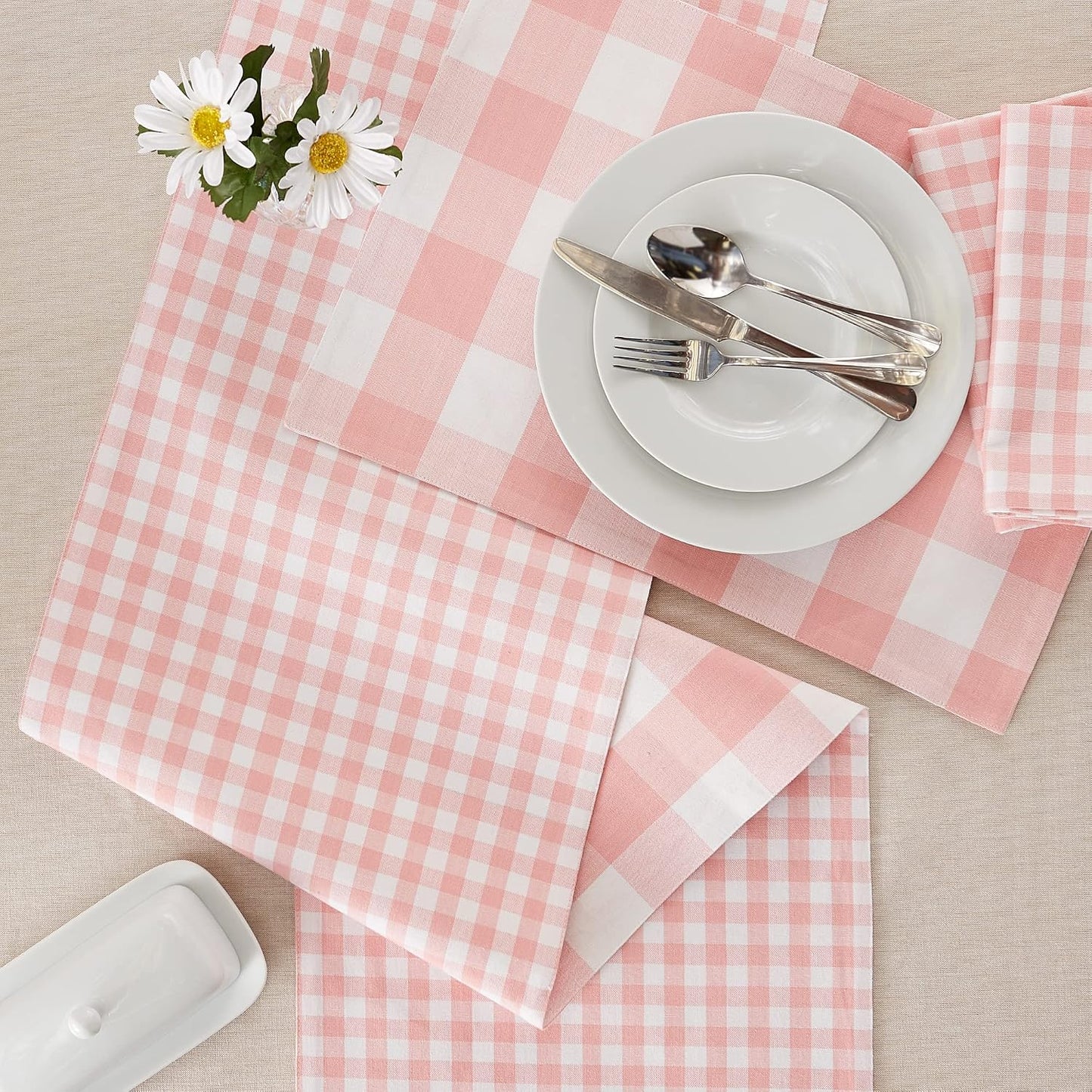 DII Gingham Check Tabletop Collection, Pink, Table Runner, 14x72