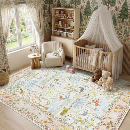 Washable Area Rug 5x7 Blush Animal Print Rugs for Nursery Non Slip Stain Resistant Forest Fairy Tale Throw Carpet Low Pile Whimsical Safari Area Rugs for Entryway Girls Bedroom Dining Room, PeachBlush