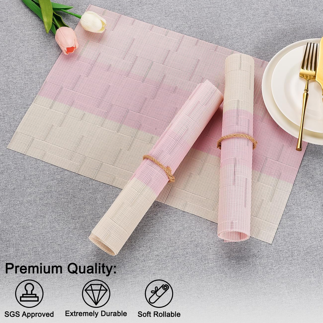 Placemats Set of 4, Vinyl Woven Place Mats Indoor Set of 4 Washable Wipeable PVC Table Mats Heat-Resistant Non Slip Plastic Placemat for Kitchen Dining Outdoor Table (Beige Pink, Set of 4)