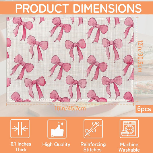 Pink Cute Bow Placemats Set of 6,Dinner Table Mats Non-Slip Washable Mats for Kitchen Dinner Party Tablemat 12x18Inch