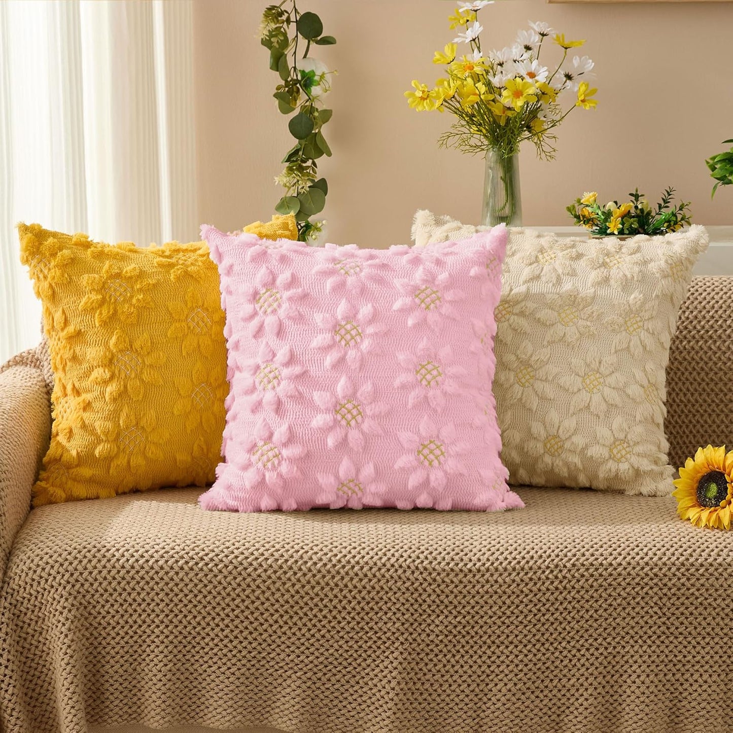 DFXSZ Spring Summer Pillow Covers 18x18 inch Set of 2 Farmhouse Decor Yellow Flower Heart Sunflower Pink Soft Plush Faux Fur Jacquard Throw Pillows for Sofa Holiday Spring Home Decor PTK024J18