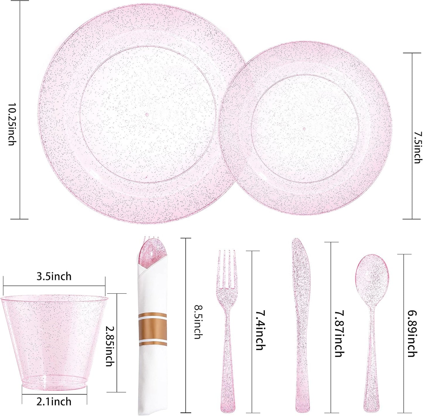 DaYammi 350PCS Rose Gold Glitter Dinnerware Set 50 Guest for Party- 50 Pink Plastic Dinner Plates, 50 Dessert Plates- 50 Per Rolled Napkins with Rose Gold Glitter Cutlery - 50 Cups 9 OZ