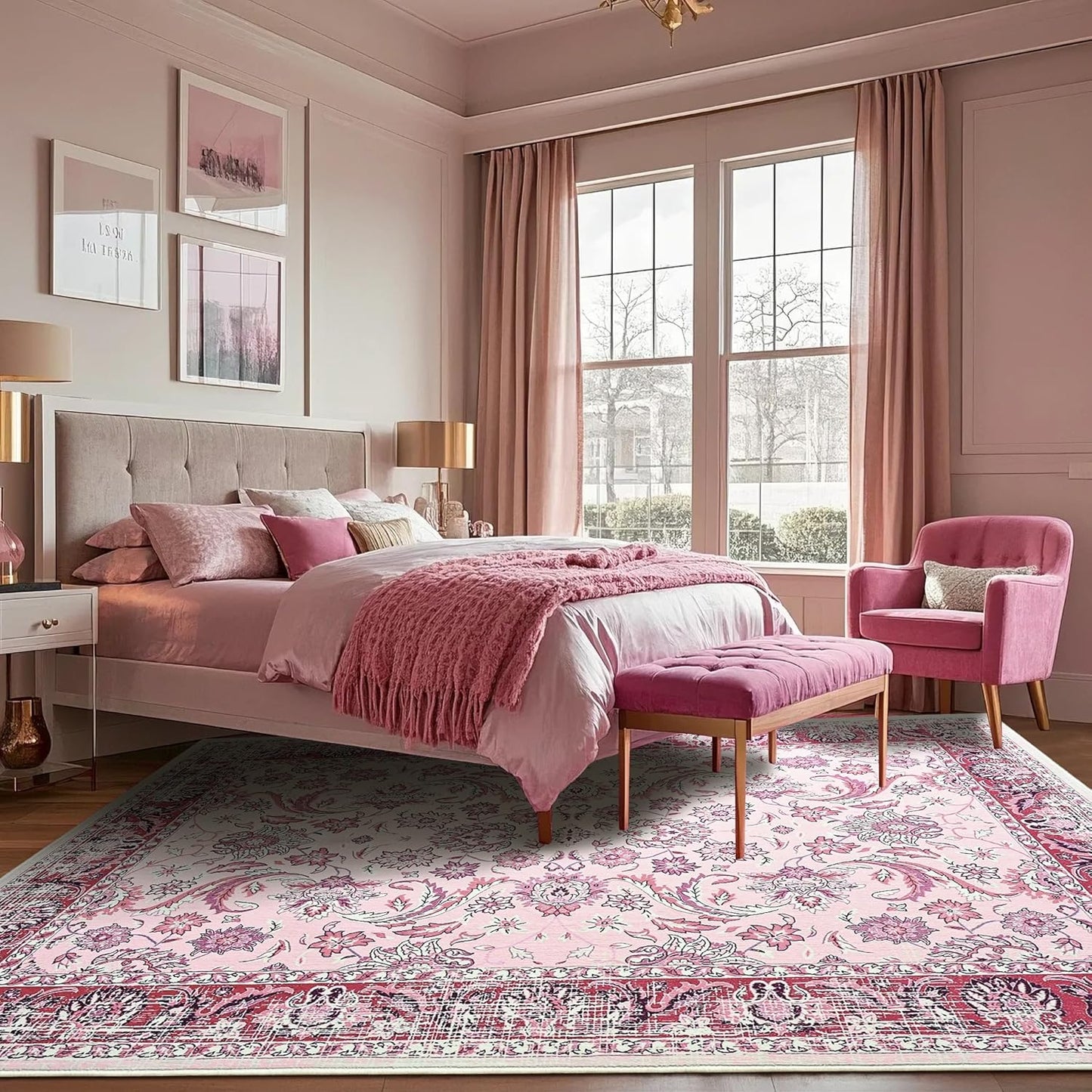 Area Rugs for Living Room, Washable 5x7 Area Rug for Bedroom, Floral Non-Slip Carpet for Nursery Home Office Dorm Dining Room Kitchen, Pink and White