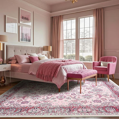 Area Rugs for Living Room, Washable 5x7 Area Rug for Bedroom, Floral Non-Slip Carpet for Nursery Home Office Dorm Dining Room Kitchen, Pink and White