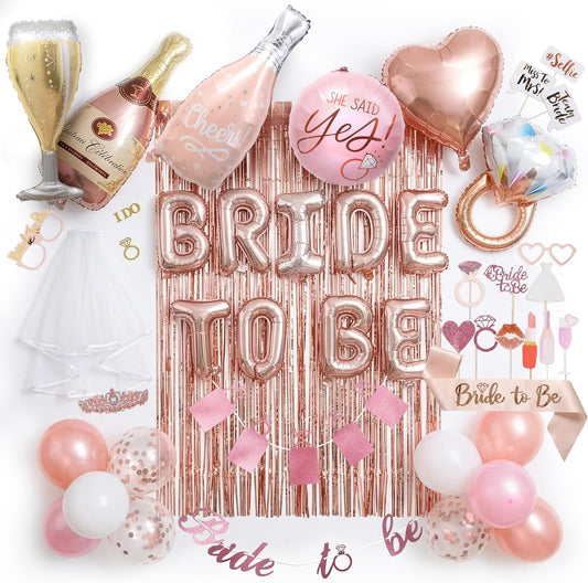 Rose Gold Bridal Shower Decorations, 273-Piece Pink Bachelorette Party Decorations with Bride to Be Banner, Confetti Balloons, Bride Sash, Veil, Fringe Curtain ,Cake Toppers & Photo Props