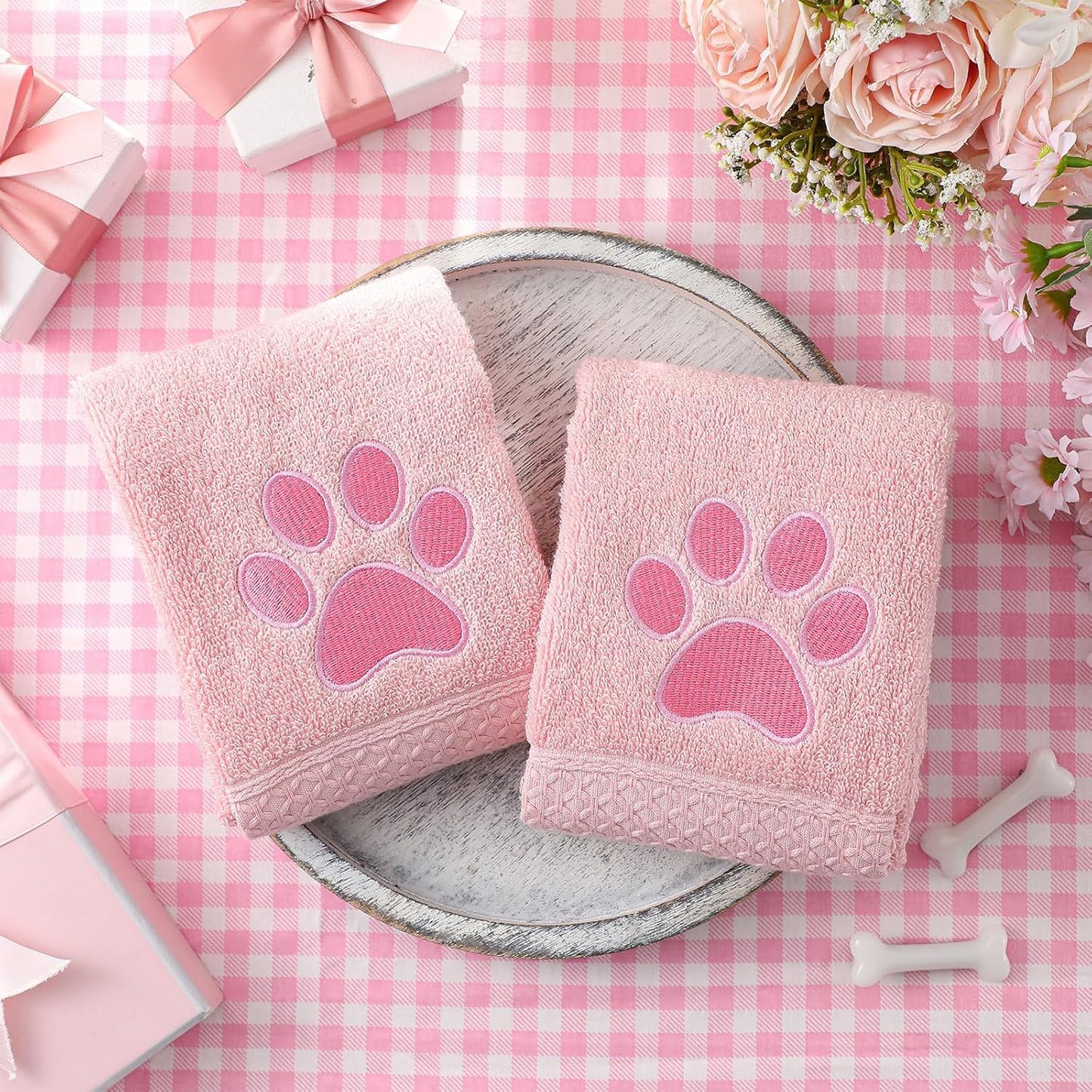 SmoothNovelty 2 Pcs Dog Paw Hand Towels Pink Bathroom Decor 13 x 29 Inch 100% Cotton Embroidered Soft Hand Towels Absorbent Farmhouse for Kitchen Restroom