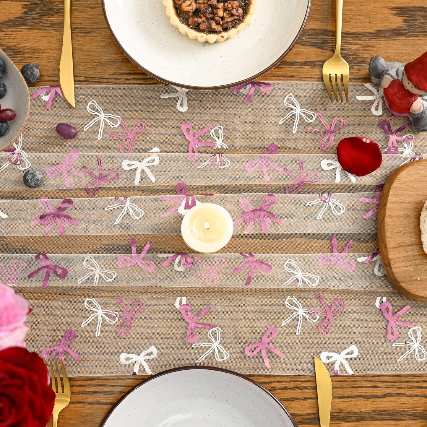 Artoid Mode Pink Bow Beige Gauze Table Runner 120 Inch 10FT,Glitter Metallic Foil Valentine’s Day Sheer Dining Anniversary Wedding Table Decor for Home Party