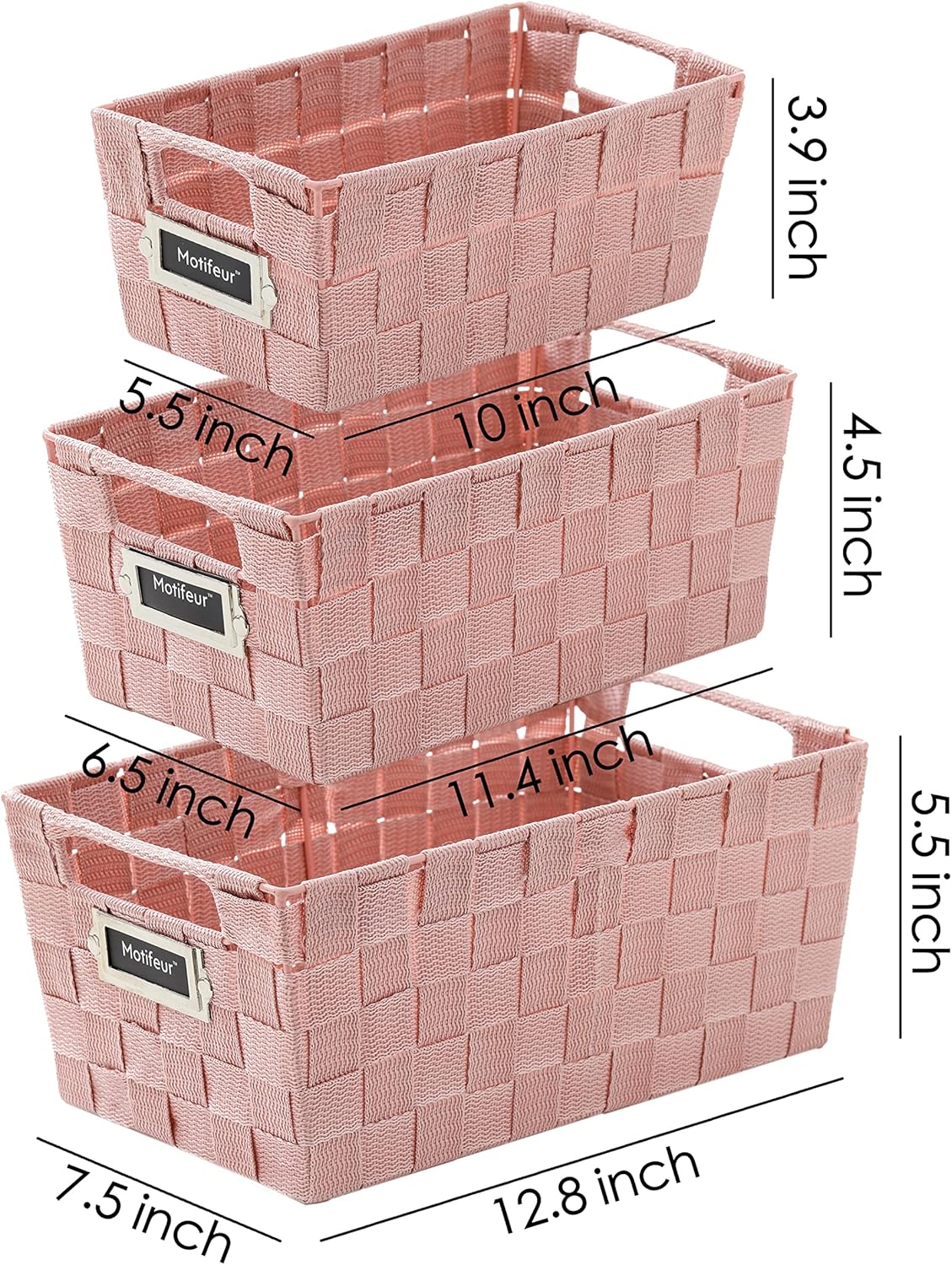 Decorative Woven Strap Set of 3 Nesting Baskets with Cutout Handles and Labels, Bathroom Countertop Storage Bins, Handmade Organization Containers for Home Shelves, Closets and Pantry (Pink)